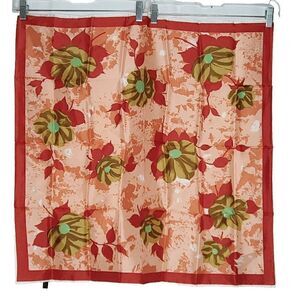 Vintage Floral Square Scarf Neckerchief Coral Orange Red Green Japan Acetate